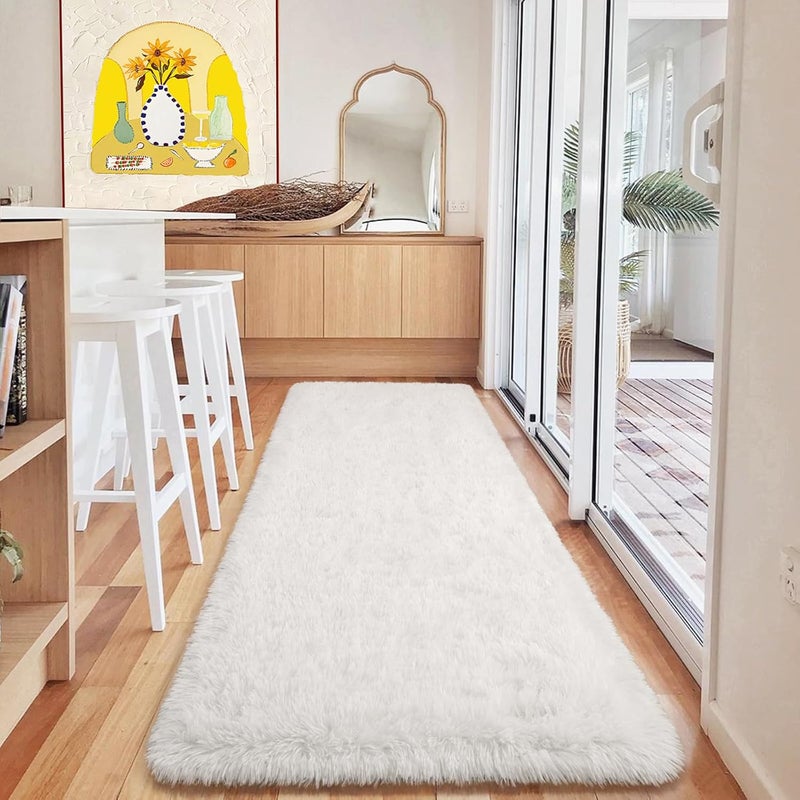 HOMORE 2x6 Runner Rugs for Bedroom, White Runner Rug for Hallway Entryway Laundry, Modern Shag Bedroom Runner Cute Carpets for Kids Dorm Bedside, Ivory - Image 3